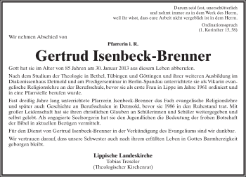 Anzeige  Gertrud Isenbeck-Brenner  Lippische Landes-Zeitung