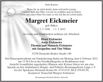 Anzeige  Margret Eickmeier  Lippische Landes-Zeitung