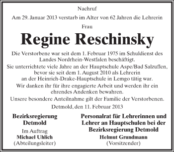 Anzeige  Regine Reschinsky  Lippische Landes-Zeitung