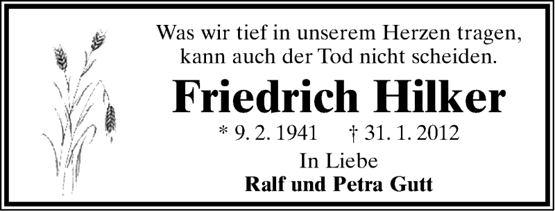  Traueranzeige für Friedrich Hilker vom 09.02.2013 aus Lippische Landes-Zeitung
