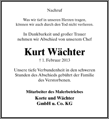 Anzeige  Kurt Wächter  Lippische Landes-Zeitung
