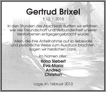 Anzeige  Gertrud Brixel  Lippische Landes-Zeitung