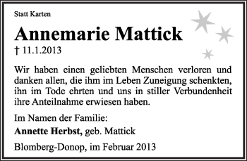 Anzeige  Annemarie Mattick  Lippische Landes-Zeitung