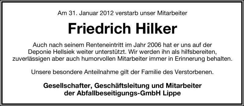  Traueranzeige für Friedrich Hilker vom 03.02.2012 aus Lippische Landes-Zeitung