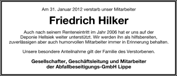 Anzeige  Friedrich Hilker  Lippische Landes-Zeitung