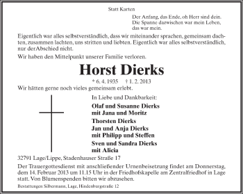 Anzeige  Horst Dierks  Lippische Landes-Zeitung