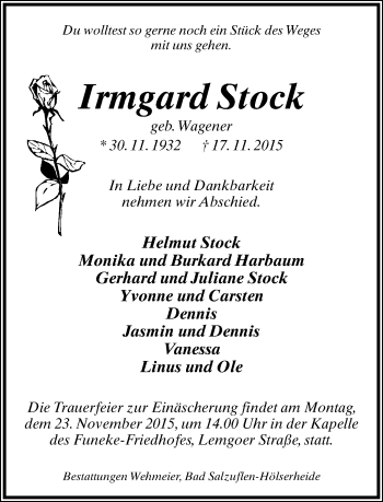 Anzeige  Irmgard Stock  Lippische Landes-Zeitung