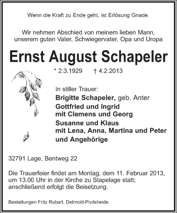 Anzeige  Ernst August Schapeler  Lippische Landes-Zeitung