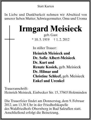 Anzeige  Irmgard Meisieck  Lippische Landes-Zeitung