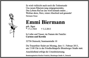Anzeige  Emmi Biermann  Lippische Landes-Zeitung