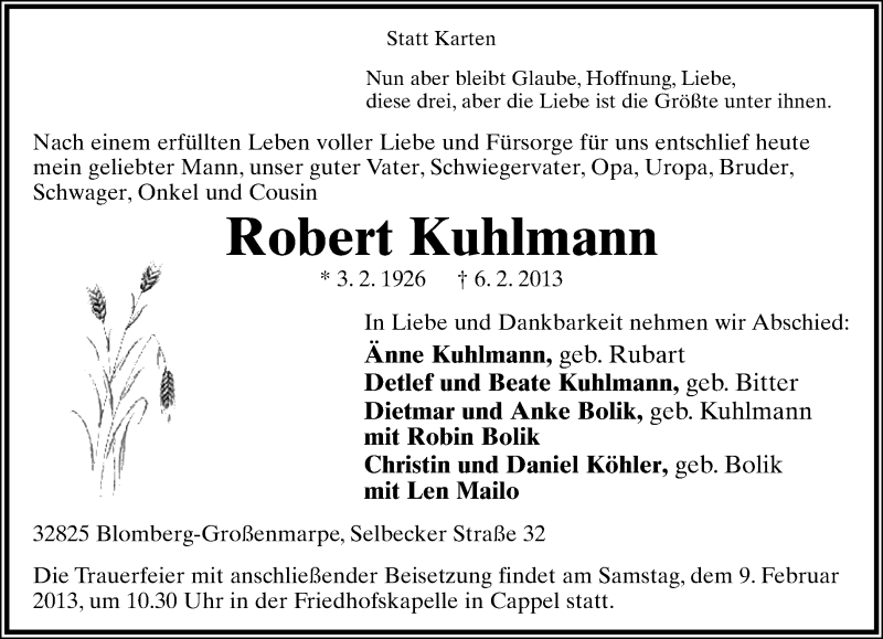  Traueranzeige für Robert Kuhlmann vom 07.02.2013 aus Lippische Landes-Zeitung