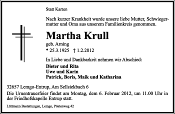 Anzeige  Martha Krull  Lippische Landes-Zeitung