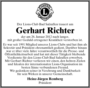 Anzeige  Gerhart Richter  Lippische Landes-Zeitung