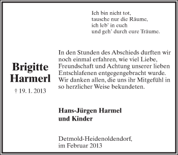 Anzeige  Brigitte Harmerl  Lippische Landes-Zeitung