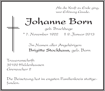 Anzeige  Johanne Born  Lippische Landes-Zeitung