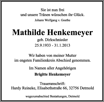 Anzeige  Mathilde Henkenmeyer  Lippische Landes-Zeitung