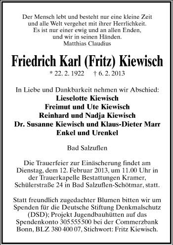 Anzeige  Friedrich Karl  Kiewisch  Lippische Landes-Zeitung