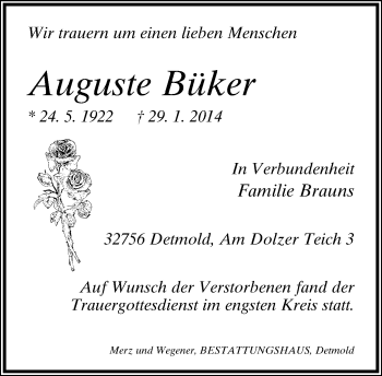 Anzeige  Auguste Büker  Lippische Landes-Zeitung