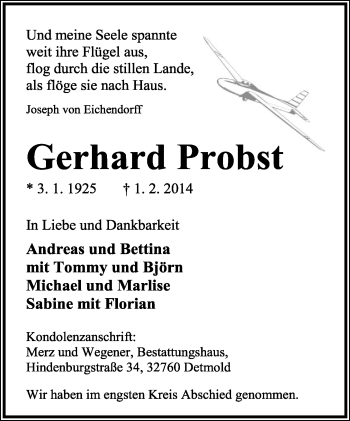 Anzeige  Gerhard Probst  Lippische Landes-Zeitung