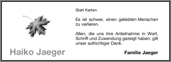 Anzeige  Haiko Jaeger  Lippische Landes-Zeitung