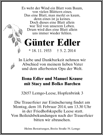 Anzeige  Günter Edler  Lippische Landes-Zeitung