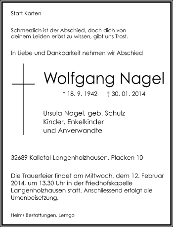 Anzeige  Wolfgang Nagel  Lippische Landes-Zeitung