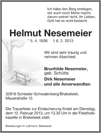 Anzeige  Helmut Nesemeier  Lippische Landes-Zeitung
