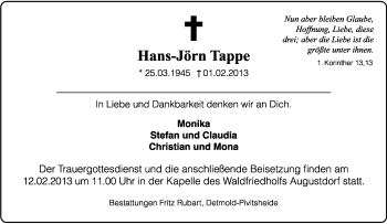 Anzeige  Hans-Jörn Tappe  Lippische Landes-Zeitung