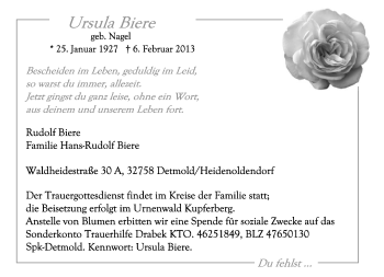 Anzeige  Ursula Biere  Lippische Landes-Zeitung