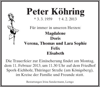 Anzeige  Peter Köhring  Lippische Landes-Zeitung
