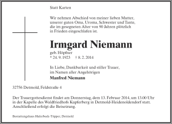 Anzeige  Irmgard Niemann  Lippische Landes-Zeitung