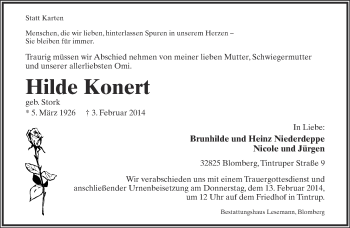 Anzeige  Hilde Konert  Lippische Landes-Zeitung