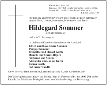 Anzeige  Hildegard Sommer  Lippische Landes-Zeitung