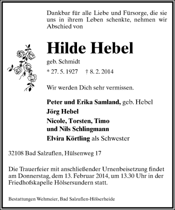 Anzeige  Hilde Hebel  Lippische Landes-Zeitung