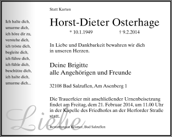 Anzeige  Horst-Dieter Osterhage  Lippische Landes-Zeitung