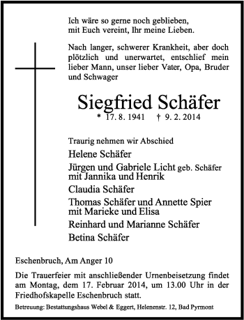 Anzeige  Siegfried Schäfer  Lippische Landes-Zeitung