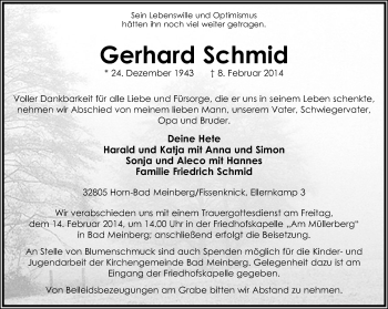 Anzeige  Gerhard Schmid  Lippische Landes-Zeitung