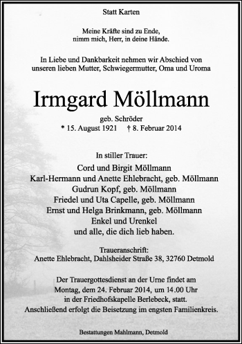 Anzeige  Irmgard Möllmann  Lippische Landes-Zeitung