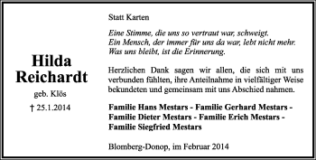 Anzeige  Hilda Reichardt  Lippische Landes-Zeitung