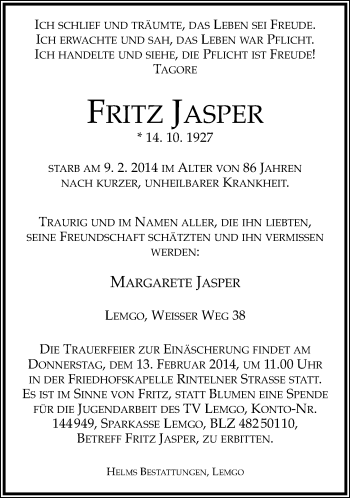 Anzeige  Fritz Jasper  Lippische Landes-Zeitung