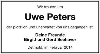Anzeige  Uwe Peters  Lippische Landes-Zeitung