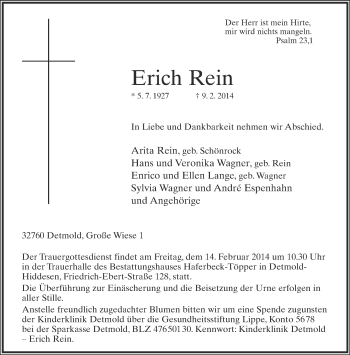 Anzeige  Erich Rein  Lippische Landes-Zeitung