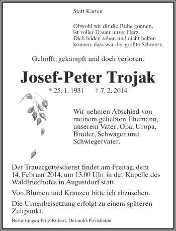 Anzeige  Josef-Peter Trojak  Lippische Landes-Zeitung
