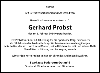 Anzeige  Gerhard Probst  Lippische Landes-Zeitung