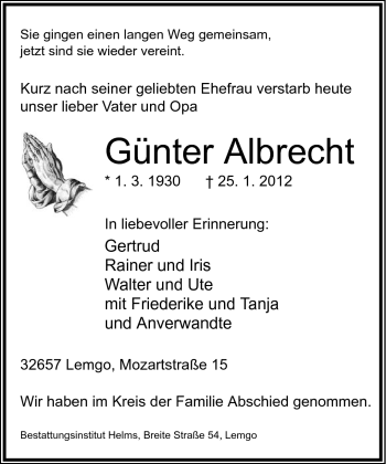 Anzeige  Günter Albrecht  Lippische Landes-Zeitung