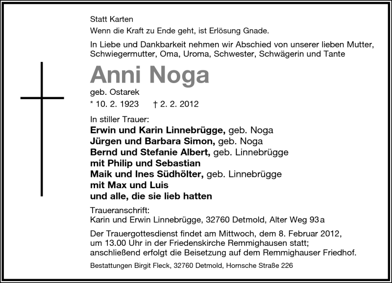  Traueranzeige für Anni Noga vom 04.02.2012 aus Lippische Landes-Zeitung
