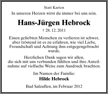 Anzeige  Hans-Jürgen Hebrock  Lippische Landes-Zeitung