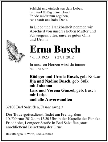 Anzeige  Erna Busch  Lippische Landes-Zeitung
