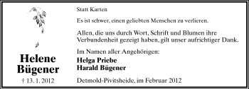 Anzeige  Helene Bügener  Lippische Landes-Zeitung
