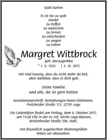 Anzeige  Margret Wittbrock  Lippische Landes-Zeitung